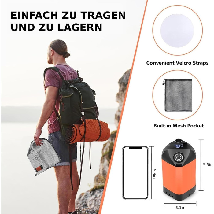 Портативний душ для кемпінгу Leise з акумулятором 7800mAh, USB-C, 3 режими, LED-дисплей - помаранчевий