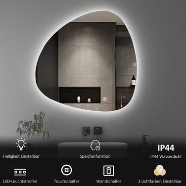 Асиметричне дзеркало для ванної кімнати Boromal з підсвічуванням 80x80 см LED, сенсорне керування, 3 кольори світла, регулювання яскравості