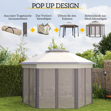 Альтанка Outsunny Garden Folding Gazebo 4x4 м Pop Up Tent Party Tent з сумкою для перенесення та 6 бічними панелями, подвійний навіс шестикутний у кавовому та бежевому кольорах