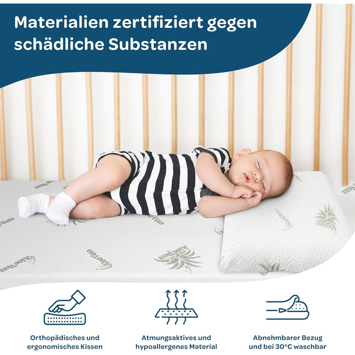 Подушка для дитячого ліжечка Kinder Dolci Sogni з Memory Foam, 50x30x5.5 см, знімний чохол з алое вера