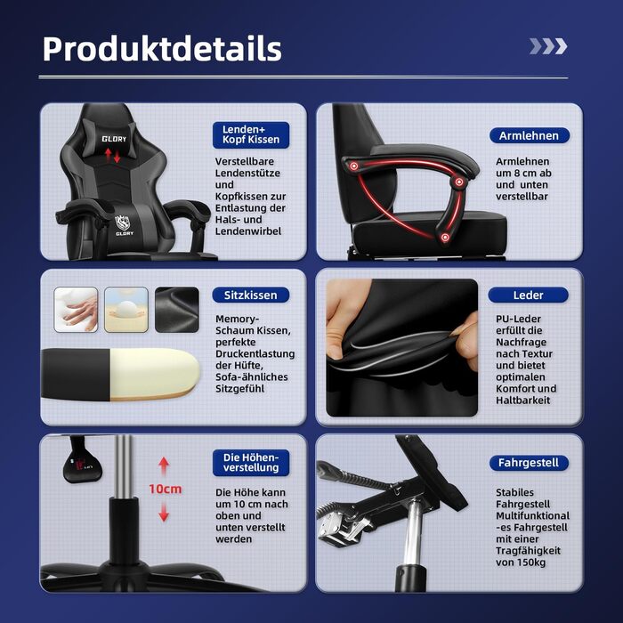 Ігровий крісло, офісне ергономічне крісло з регульованою підніжкою, з підголівником та підтримкою попереку, обертове, 150 кг, сірий