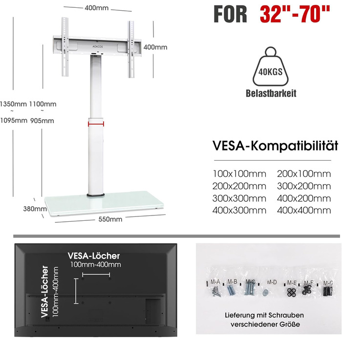 Тумба під телевізор AOKCOS 1350 мм для 32-70 дюймів, Tilt & Swivel, VESA 400x400 мм, 40KG (Біла)