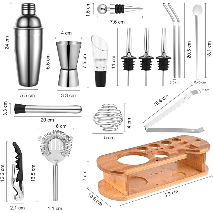 Набір шейкерів для коктейлів GOLDGE з 18 предметів з дерев'яною підставкою, 750 мл, подарунковий набір барних аксесуарів