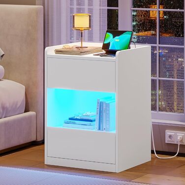 Нічний столик AOGLLATI з LED-підсвічуванням та зарядкою, 2 шухляди та полиця, білий (40x35x60 см)