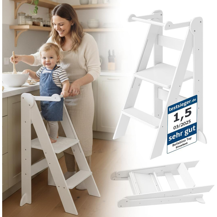 Bellabino Tay – Навчальний столик-лесенка для дітей від 1 року, білий, регульований, з захистом від перекидання, Монтессорі, з берези