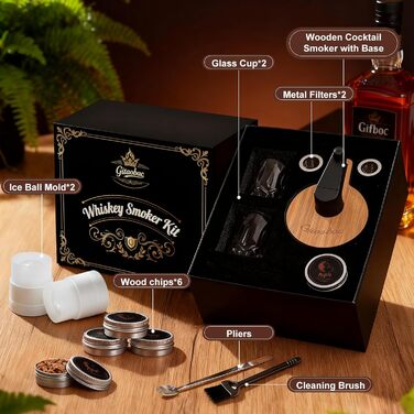 Набір для копчення віскі: 6 видів тирси, 2 склянки, 2 форми для льоду, для коктейлів, подарунок для чоловіків, батька, чоловіка (без бутану), дерев'яний
