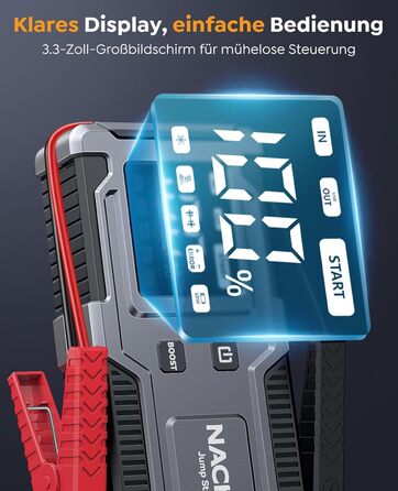 Powerbank Starthilfe 6000A: Зарядний пристрій для автомобіля 12V (до 9L бензин, 7L дизель) з кабелем, LED-лампою та дисплеєм – для SUV, мотоциклів, газонокосарок