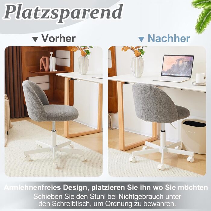 Офісний стілець Bonnlo з роликами, стілець до туалетного столика, регульований по висоті, для робочого кабінету, спальні, home office, з м'якої тканини Teddy, білий (сірий)