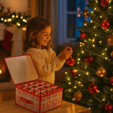 Коробка для зберігання 32 ялинкових прикрас Com-Four® - Сортувальник для ялинкових кулі та новорічного декору - Прозора/Червона