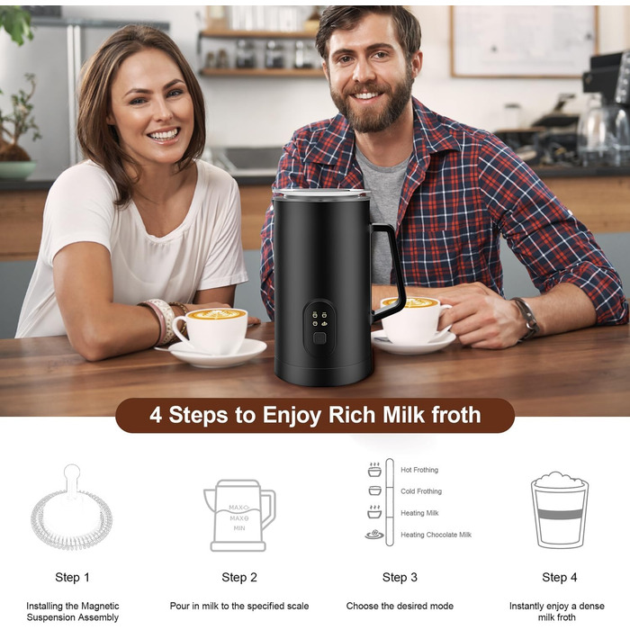 Електричний спінювач молока 4-в-1, 580 мл, автоматичний, для лате, капучино, макіато, нагрівання молока та приготування какао (чорний)