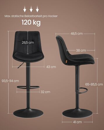 Барні стільці VASAGLE 2 шт. регульовані по висоті, обертаються, зі спинкою та підставкою для ніг, для кухні, їдальні, бару, сталь, LJB195G02 (Чорний, Велюр)