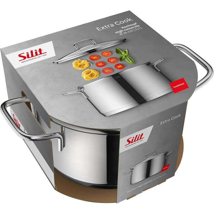 Набір кухонного посуду Silit Extra Cook: каструлі 16/20/24 см з кришкою, ковшик 16 см, мірна шкала, широке вушко, придатний для миття в посудомийній машині, з нержавіючої сталі Crominox