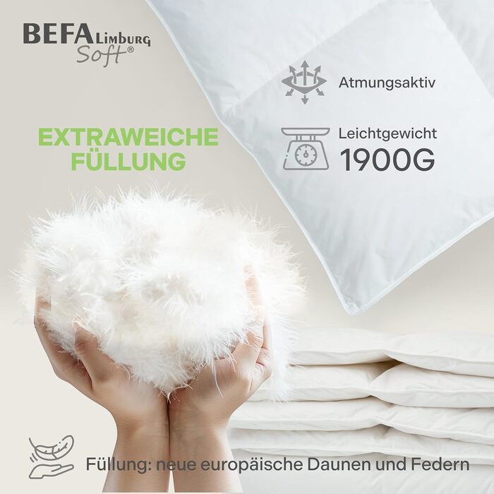 Пухова ковдра BEFA SOFT Daunendecke Winter 100x135 см, 90% перо та 10% пух, дихаюча та легка у догляді, для алергіків (NOMITE), захист тварин (DOWNPASS), Oeko-TEX Клас 1, виготовлено в Німеччині
