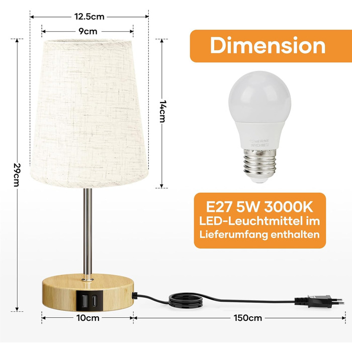 Настільна лампа Suright з торшером з льону, USB-портами A+C, регулюванням яскравості, дерев'яним цоколем, для спальні/вітальні (LED-лампочка в комплекті), бежева