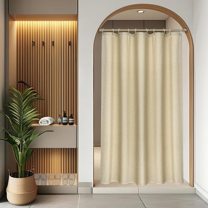Завіса для душу EurCross з льону, текстурована, 180x220 см, водонепроникна, важка, з 12 кільцями (Бежевий, H200 x B150 см)