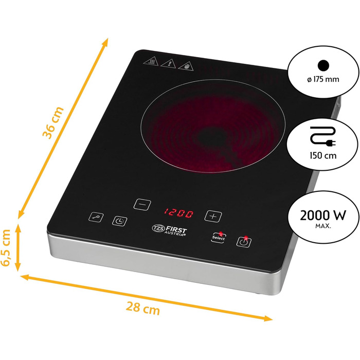 Перша в Австрії інфрачервона одинарна конфорка електрична, 2000 Вт 175 мм Склокераміка Сенсорна панель керування мобільні пристрої Нержавіюча сталь одинарна цифровий