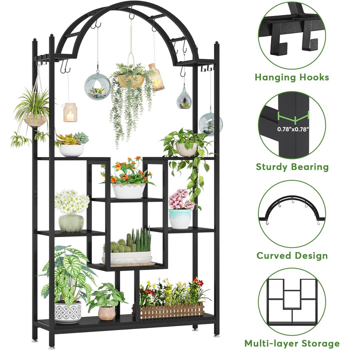 Плантатор Tribesigns з 5 полицями для дому, металевий, з гачками, для квітів, бонсай, сад, балкон, вітальня, білий та сірий (чорний)