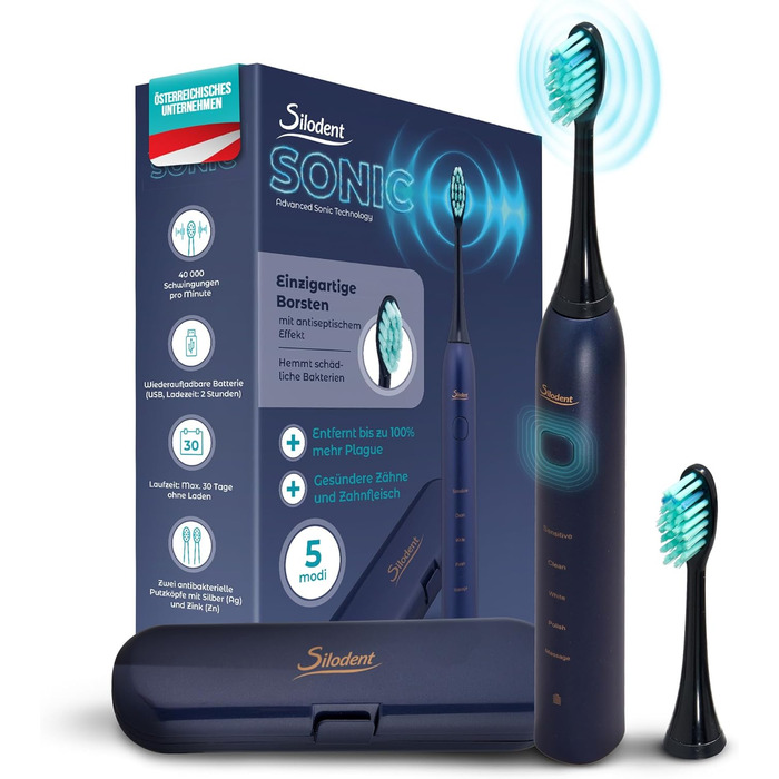 Електрична зубна щітка Silodent Midnight Blue з антисептичною щетиною. 5 програм, Power-батарея, чохол для подорожей. Тестовий лідер, 100 днів без ризику.