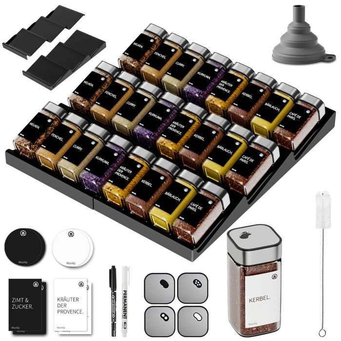 Набір банок для спецій Miorkly з кришками-обертами та полицею [24 x 120 мл] - Органайзер для спецій у ящик, полиця для спецій з банками, сріблястий, 24 шт.