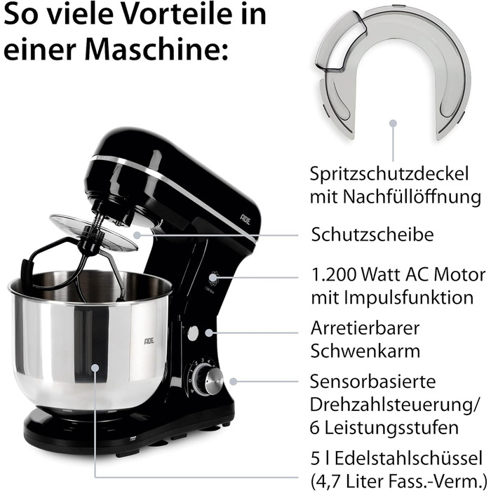 Кухонний комбайн ADE 5 л з нержавіючої сталі в т.ч. аксесуари 1200 Вт чорний