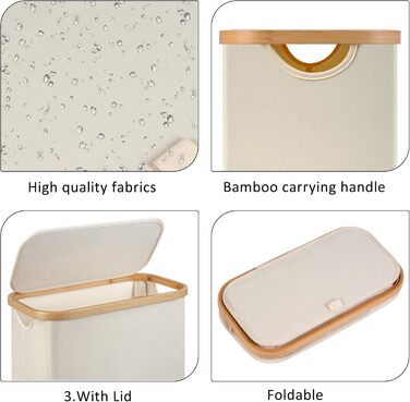 Кошик для білизни Merkisa 60 л з кришкою, високий, з бамбуковим ручками (Бежевий)