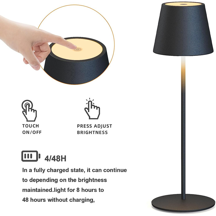 Бездротова настільна лампа MALUX з торканням, регульоване тепле біле світло 2700K-4000K, металева, LED, акумуляторна, водонепроникна IP54, для саду, їдальні, спальні, робочого кабінету, балкону, готелю (темно-сірий) (тепле чорне*2)