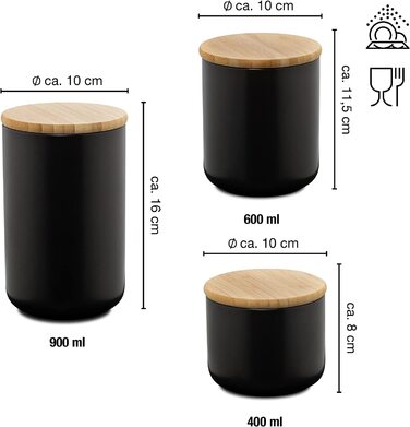 Банки для зберігання, чорні 400-900 мл Для запису Керамічні з бамбуковою кришкою Набір з 3 шт., 3 шт.