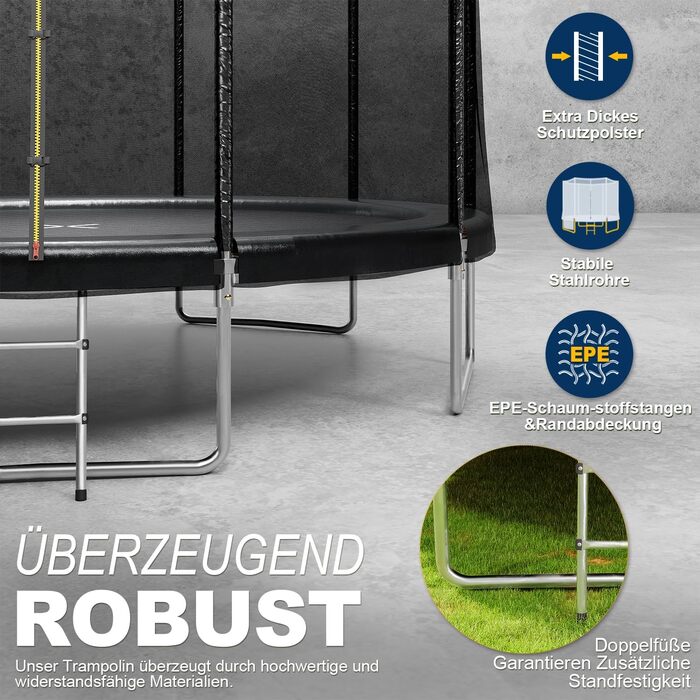 Батут JUMMICO вуличний Ø 228 см з драбиною та кишенею для речей, чорний - безпечний батут для дітей з сертифікацією GS