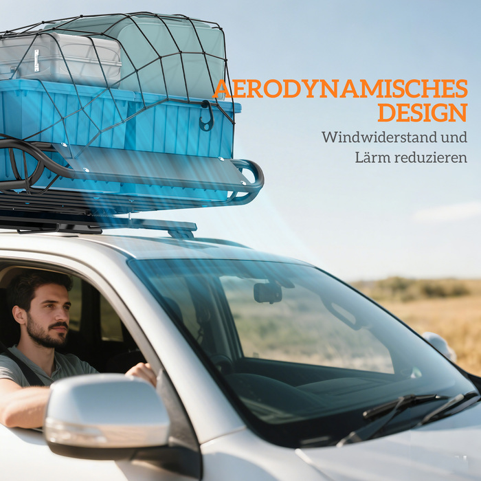 Універсальний багажник на дах авто з вітрозахистом, вантажопідйомністю до 150 кг, розміром 116 x 92 x 11,5 см, чорного кольору, підходить для позашляховиків та пікапів.
