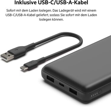 Портативний зарядний пристрій Belkin USB-C 20 000 мАг Power Bank з USB-C/USB-A для iPhone та інших пристроїв - чорний