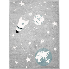 Дитячий килим MyShop24h, килим для дитячої кімнати, килим для ігор, Зоряний килим з плоским ворсом, космічний, Земля, Місяць, ракета, зірки сірого кольору, розмір в см120 х 160 см