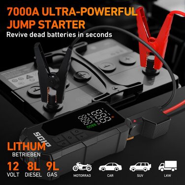 Powerbank-пусковий пристрій 26800mAh Starthilfe 7000A для автомобілів з компресором та ліхтариком, сумісний з бензиновими та дизельними двигунами (до 8.0L)