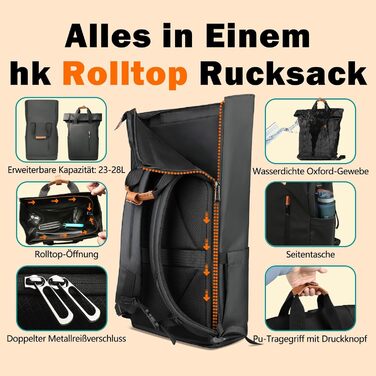 Рюкзак HK Rolltop 28 л, водонепроникний, захищений від крадіжки, з USB, для ноутбука 15.6', Uni/Travel, Чорний