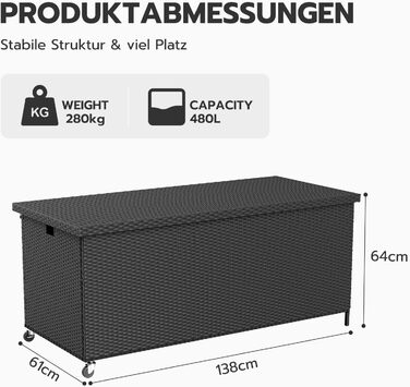 Водонепроникний садовий ящик Amopatio Gartenbox 480л з поліротангу, металевий ящик для подушок на колесах з газліфтом, чорний