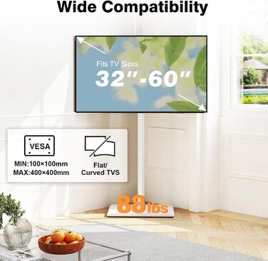 Підставка для телевізора TVON з кріпленням для плоских/вигнутих телевізорів 81-152 см (до 40 кг), регульована по висоті, з дерев'яною основою, поворотна, для спальні, білий/дерев'яна основа