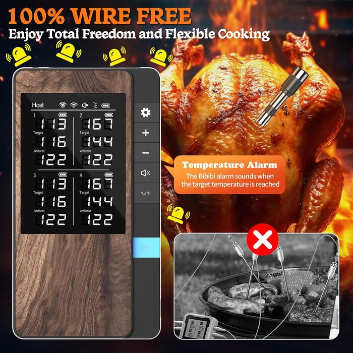 Бездротовий набір термометрів для м'яса (4 шт.) з Bluetooth, водонепроникні (IP67), для приготування на грилі, в духовці, мангалі, ротатерії, фритюрниці