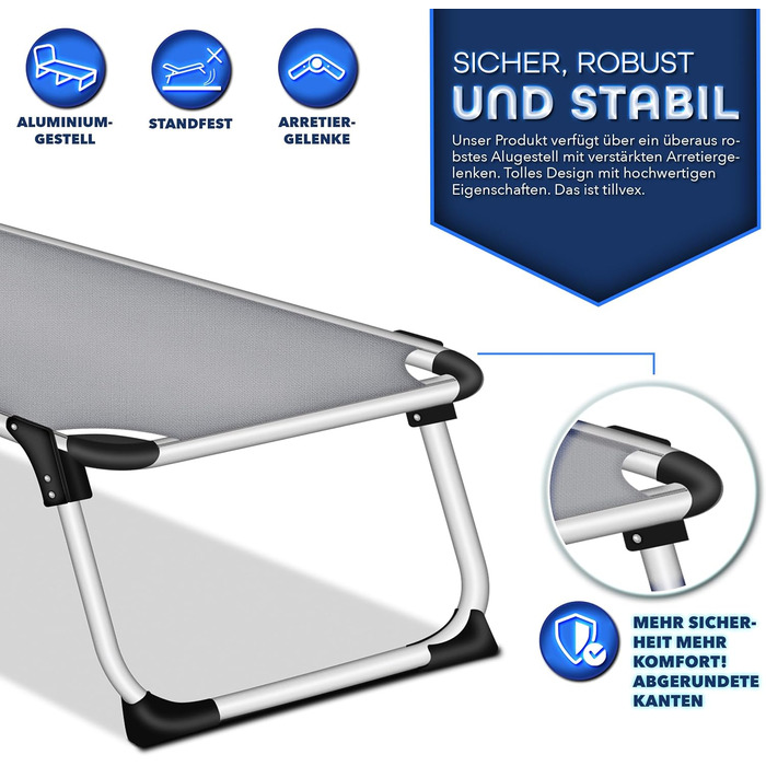 Сонячне ліжко Tillvex® з дахом та подушкою для голови | Садове ліжко, розкладний шезлонг | Пляжне ліжко з регульованою спинкою | Алюмінієве ліжко (Базовий рівень, сірий)