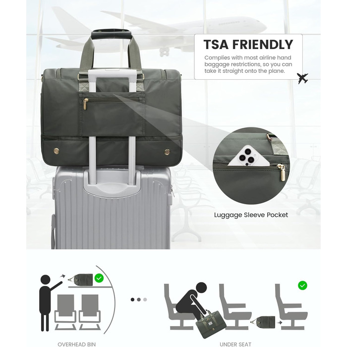 Спортивна сумка LOVEVOOK для жінок: дорожня сумка, weekender, з косметичкою, відділенням для взуття та мокрих речей, водонепроникна пляжна/басейнова/сауна сумка, ручна поклажа для подорожей, зелена