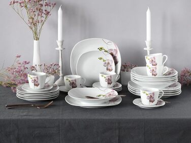 CreaTable Серія Square Orchidee: 18-частинний набір посуду на 6 осіб, порцеляновий кавовий сервіз, придатний для миття в посудомийній машині та використання в мікрохвильовій печі, преміум-якість