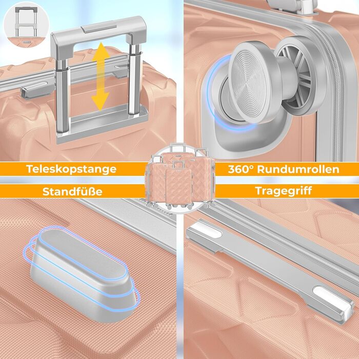 Набір дорожніх валіз KESSER з ABS-пластику, 4 предмети: жорсткі валізи з кодовим замком, вагами та дорожньою сумкою, колеса 360°, ручний багаж та великі валізи для бізнесу та подорожей (Nude Grey)