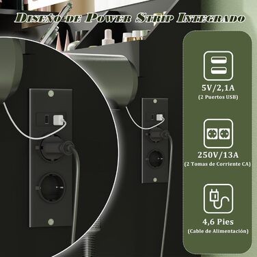 Дзеркальний столик для макіяжу Devoko з LED-підсвічуванням та пуфом, кутовий туалетний столик з розеткою, 5 ящиків, відкриті полиці, тримач для фену, для спальні (Білий) (Чорний)