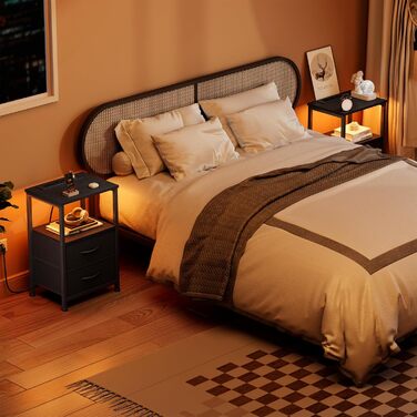 Нічний столик з LED-підсвіткою та функцією зарядки, з ящиком, 3 розетки AC та USB, для вітальні та спальні (40T x 30B x 60H cm, Чорний, 2 шт.)