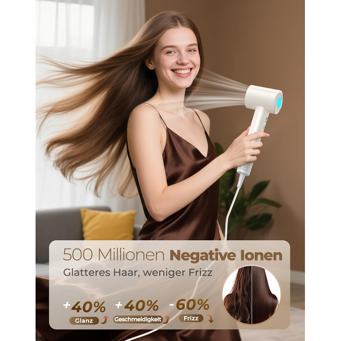 Іонний фен для волосся з дифузором, швидке сушіння 150 000 об/хв, 500 млн негативних іонів, 8 температурних режимів з LED-дисплеєм, для кучерявого та густого волосся, бежевий