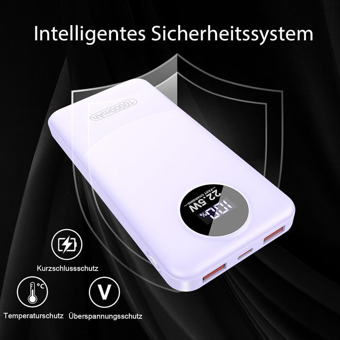 Порти, LED, для iOS/Android, фіолетовий, 10000mAh, 22.5W PD QC 3.0, USB-C, 3