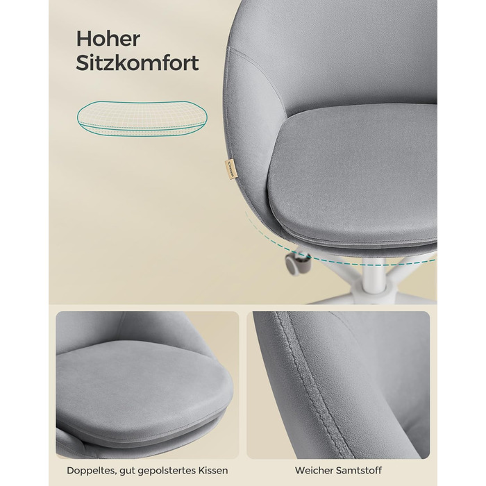 Крісло SONGMICS для офісу та дому, крісло для макіяжу з велюру, регульоване по висоті, сіре, OBG020G04