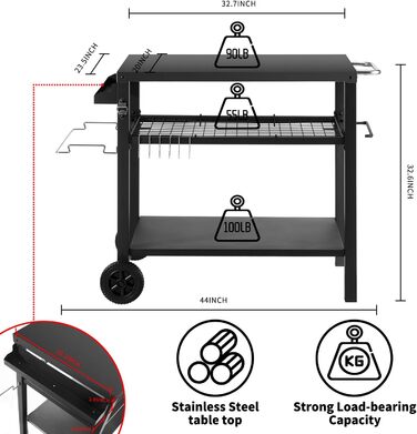 Столик для гриля з великою робочою поверхнею | Гриль-бічне столик, вуличний гриль-тролей, гриль-стіл для вулиці, стільниця з нержавіючої сталі для саду (сріблястий/чорний, 112*59*82 см)