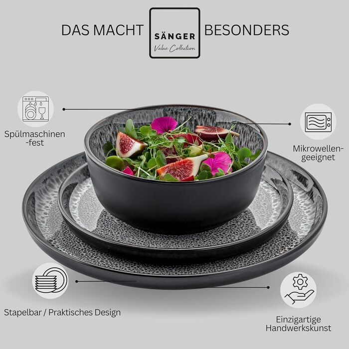 Набір посуду SÄNGER Sydney (36 предметів) | Набір тарілок на 12 осіб | Темно-сірий, стійкий до подряпин | VALUE COLLECTION