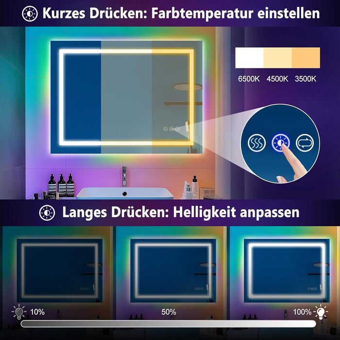 Дзеркало для ванної кімнати зі світлодіодним підсвічуванням 50x70 см, з сенсорним вимикачем
