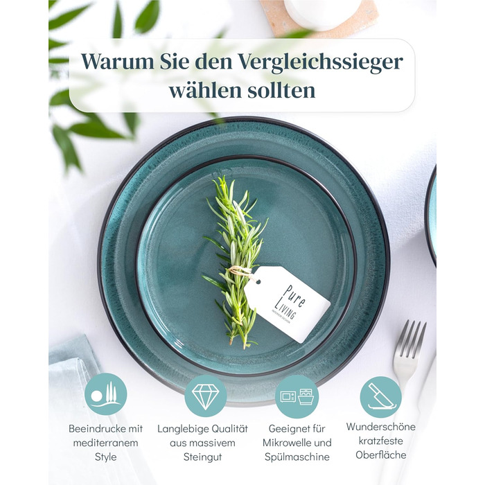 Набір посуду Steingut Ibiza 36 предметів на 12 осіб - Petrol (Pure Living)