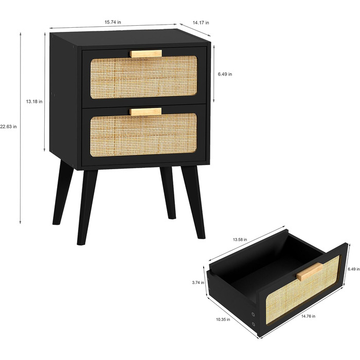 Журнальний столик з ротангу, чорний колір, з 2 висувними ящиками, стиль бохо, для вітальні та спальні